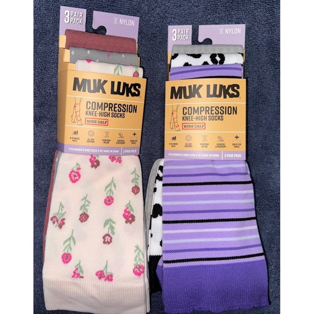 Muk Luks 6 Pair Compression Knee High Socks Wide Calf 8-15 mmHg Floral Leopard